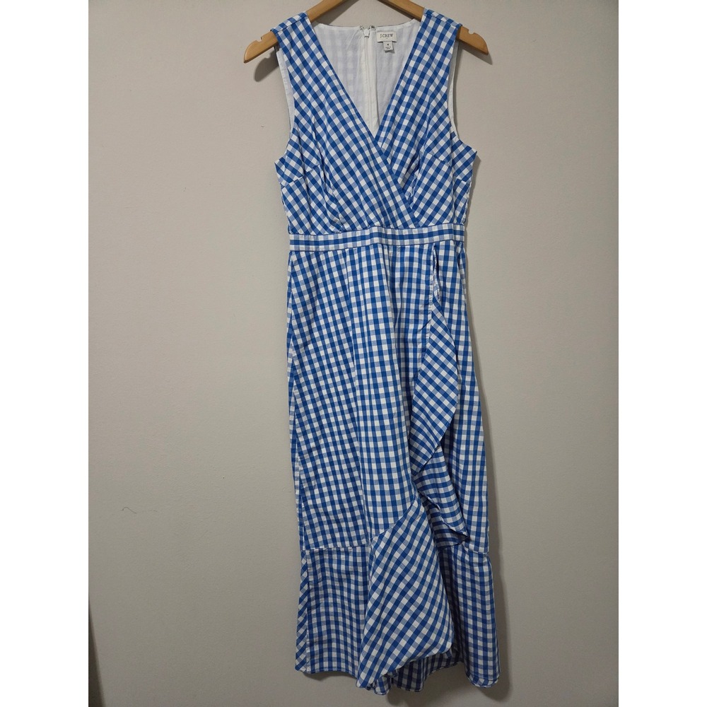 J.Crew Blue White Gingham Ruffle Faux Wrap Midi Dress Womens 4 Sleeveless Cotton